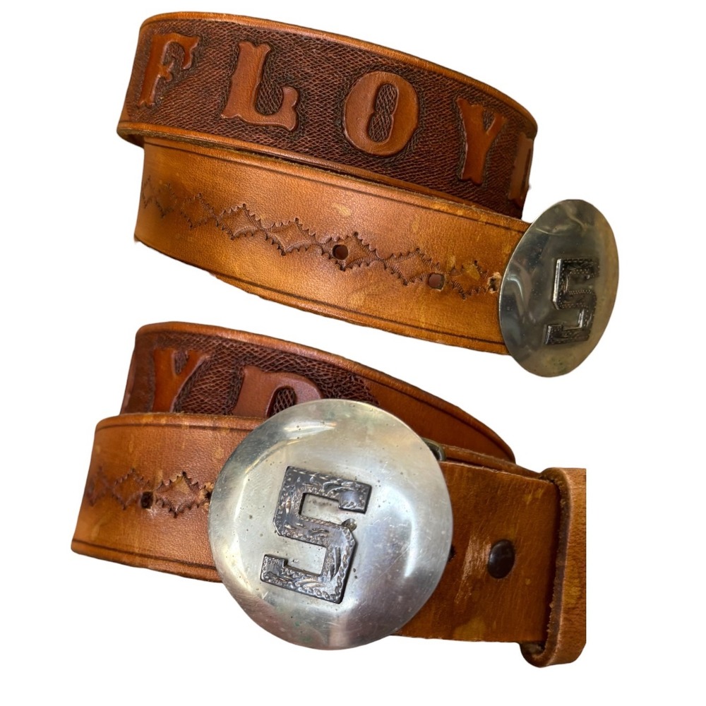Vintage Leather Belt Mens 32 Floyd Personalized Name Western Tooled S Buckle
